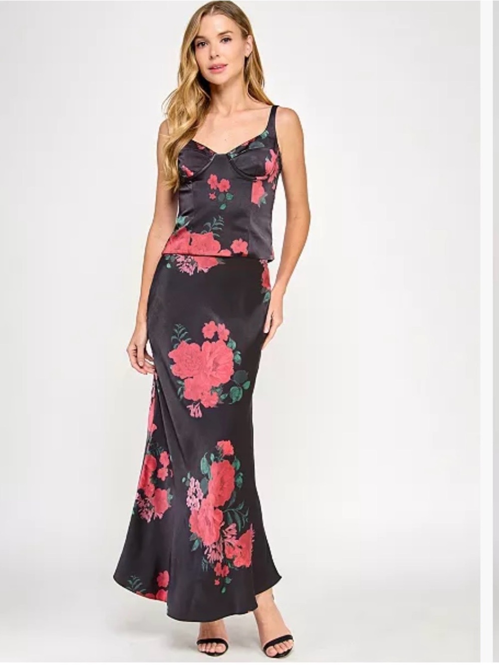 Floral Slip Maxi Skirt in Black with Pink Blooms